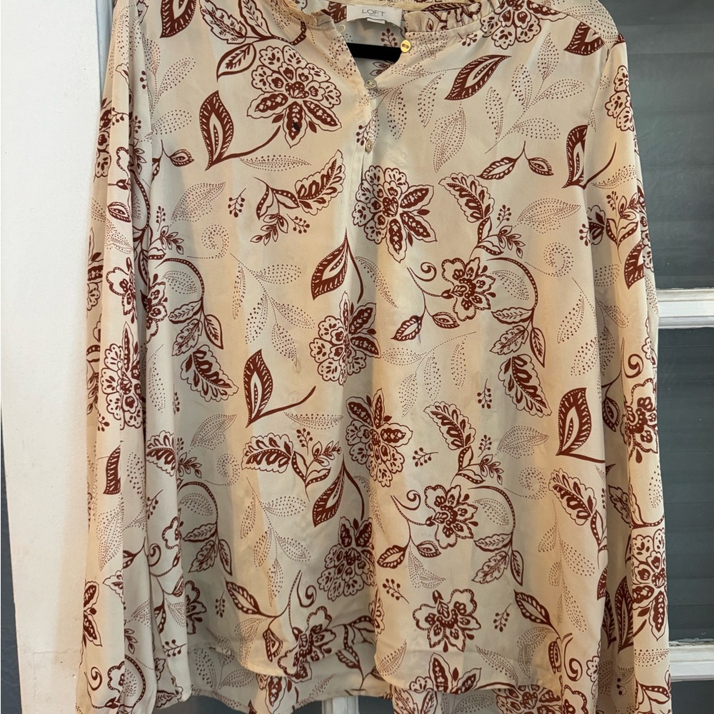 LOFT Cream and Brown Floral Blouse